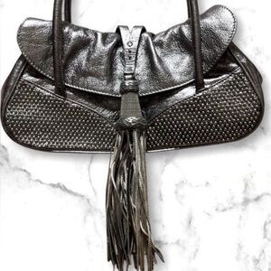 FRANCESCO BIASIA GUNMETAL LEATHER LUXURY SHOULDER BAG W/TASSEL